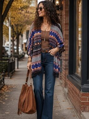 JESSICA SIMPSON Women’s MARJORIE Multi Border Lace Inset Kimono Topper L NEW